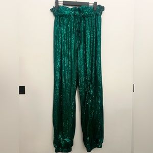 Emerald sequin paper bag waist tie joggers